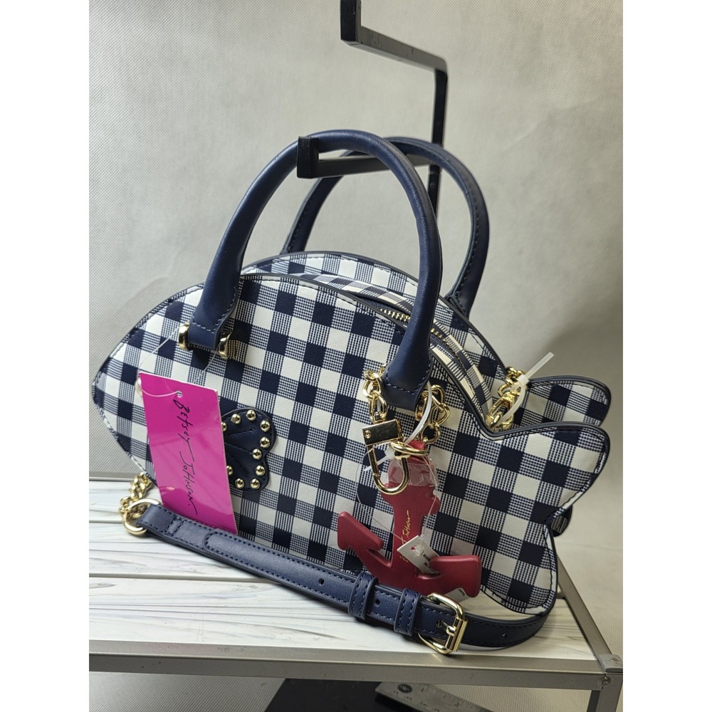 Betsey Johnson Blue Gingham Crossbody Fish Purse Bag Clutch w Red Anchor Charm